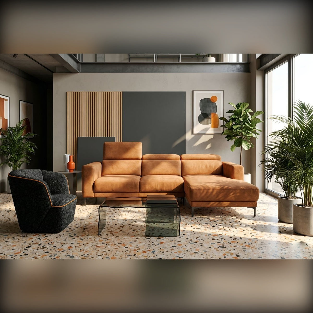 Byron Domestica – Lifestyle – Cognac Sofa with Black Armchairs in a Loft