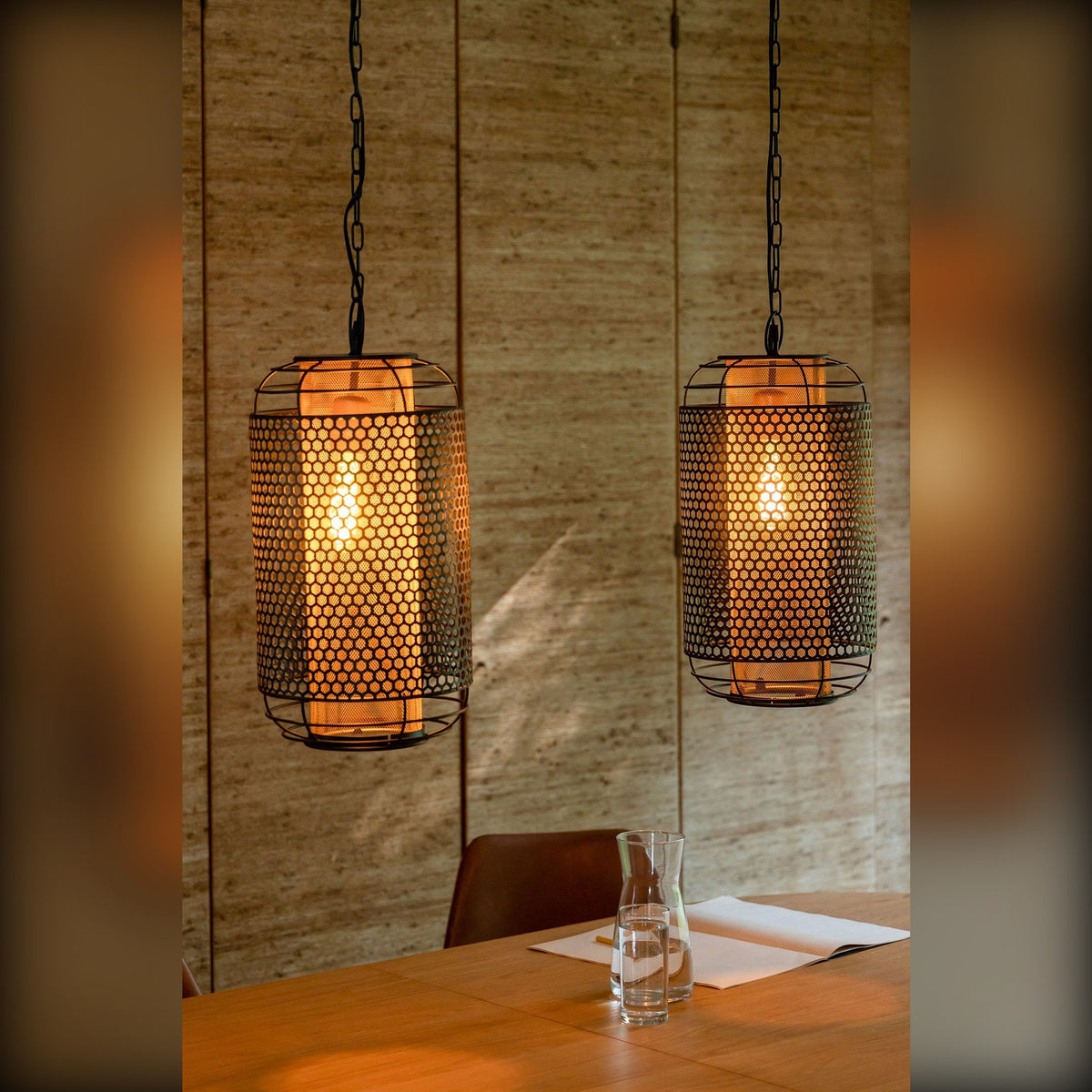 Pendant Lamp Archer L Black Domestica – Lifestyle – Lit Pendants Above a Dining Table