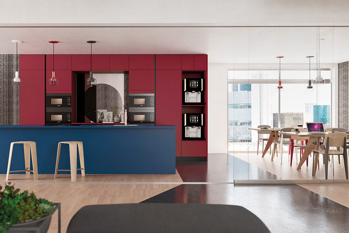 Vama Kitchen for Business Domestica – Blue Fes Island and Red Jaipur Tall Units