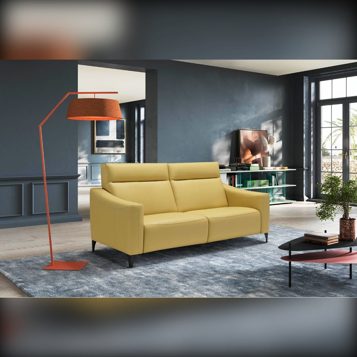 Piper Domestica – Lifestyle – Yellow Sofa in a Living Room with Orange Floor Lamp