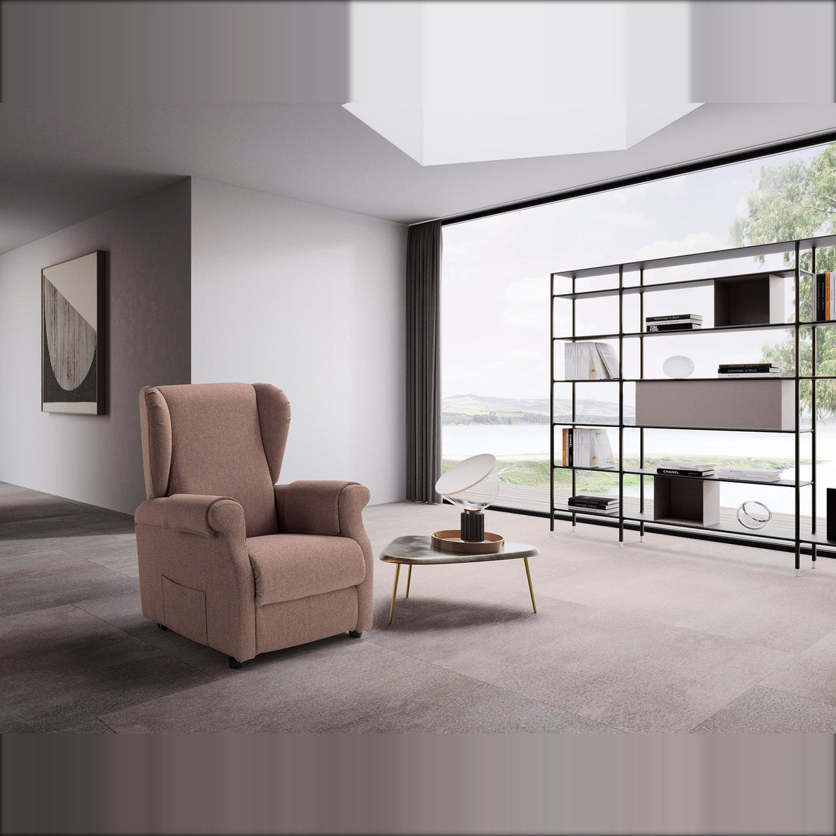 Lift Recliner Armchair Vanity Beige Domestica – Lifestyle – In a Living Room with Shelving and Window