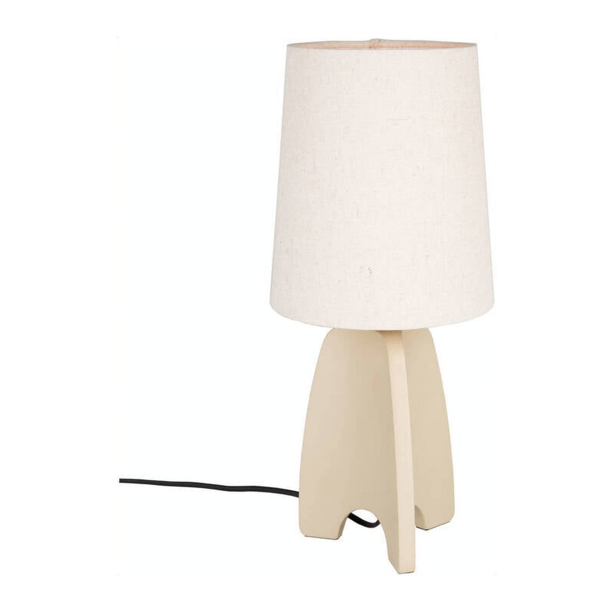 Zuiver Saba table lamp with tapered linen shade and tripod concrete base, front view on white background