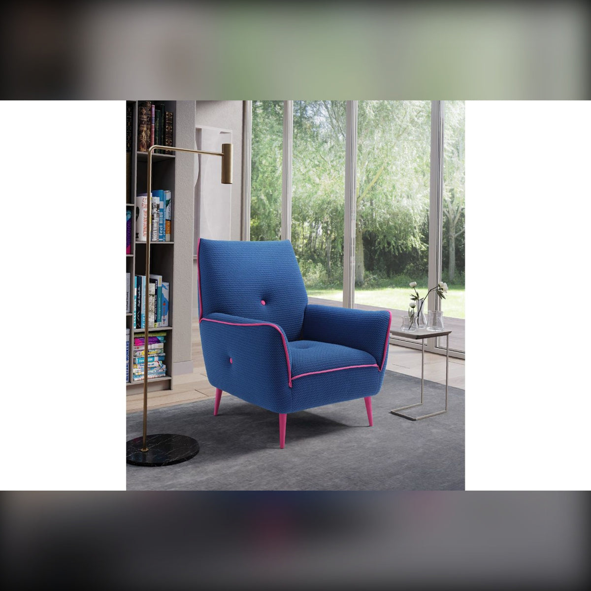 Armchair Yuki Poltroncina Teal Fuchsia Domestica – Lifestyle – Beside a Bookcase and Window